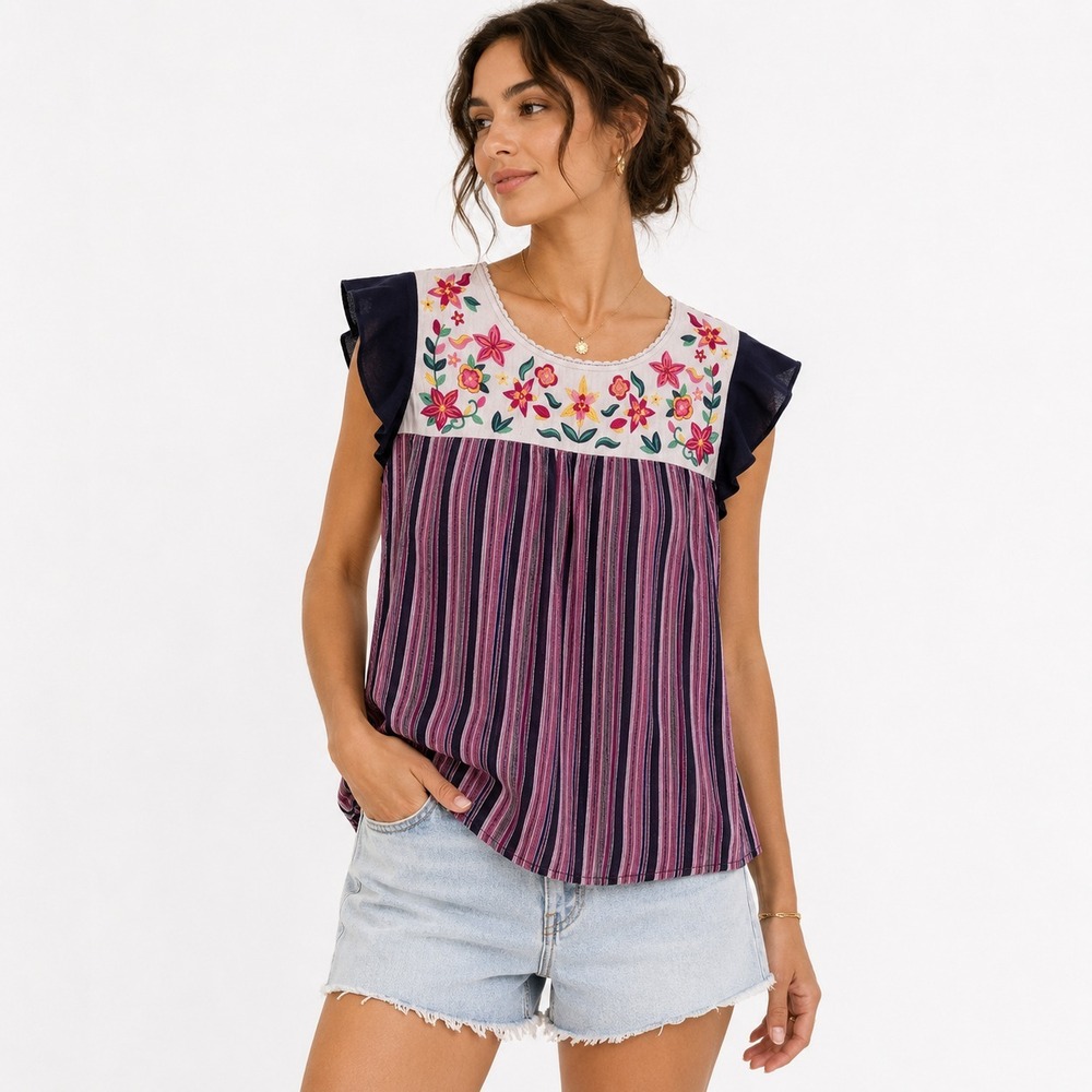 Savanna Jane Blouse Womens M Stripe Floral Embroidered Boho Peasant Festival
